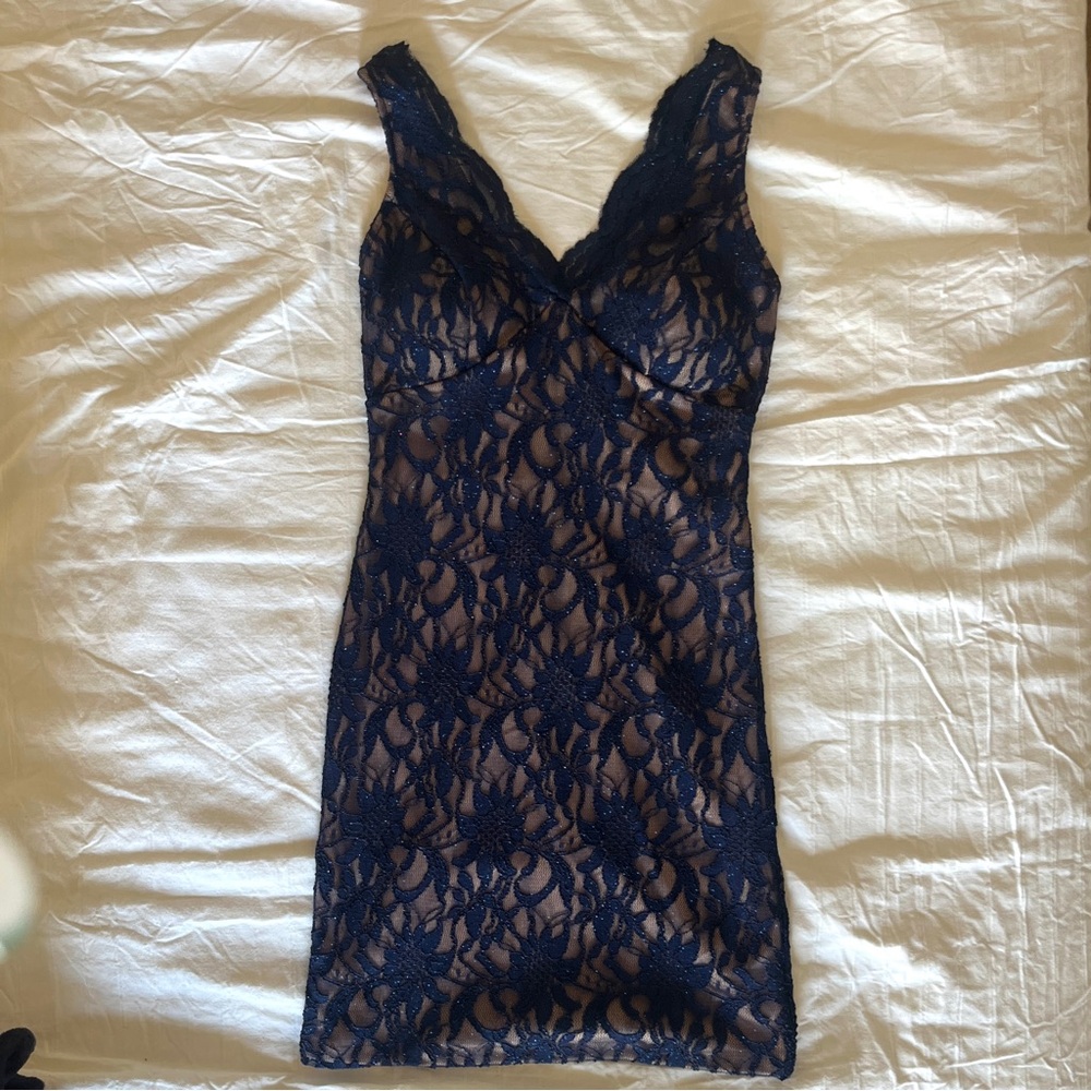 glittery navy blue lace mini dress
